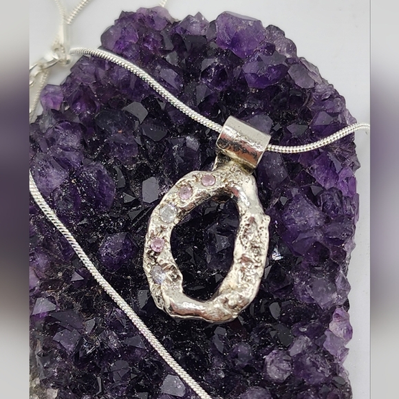 Pink Zirconia Organic Pendant Handmade in Sterling Silver 18" Sterling Chain - Picture 3 of 4